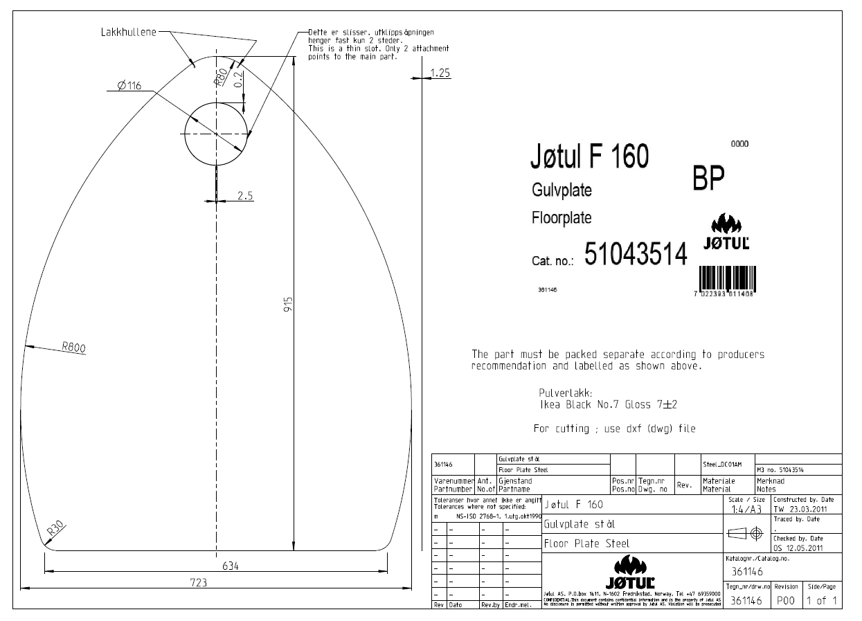 GULVPLATE JØTUL 723X915 SORT LAKK